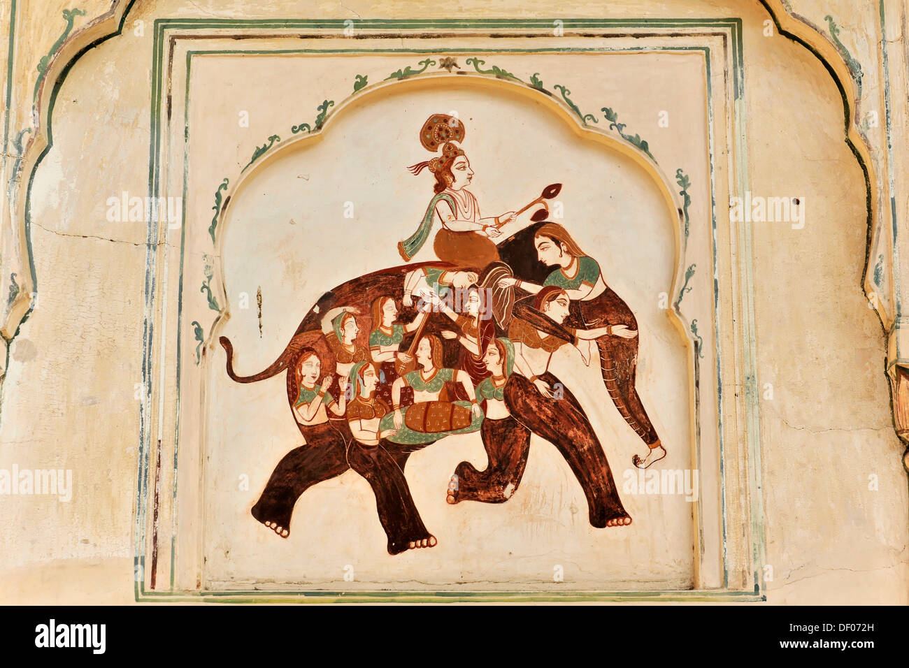 Riding elephant, illustration, wall relief, temple, Galta gorge, Jaipur, Rajasthan, northern India, Asia Stock Photo