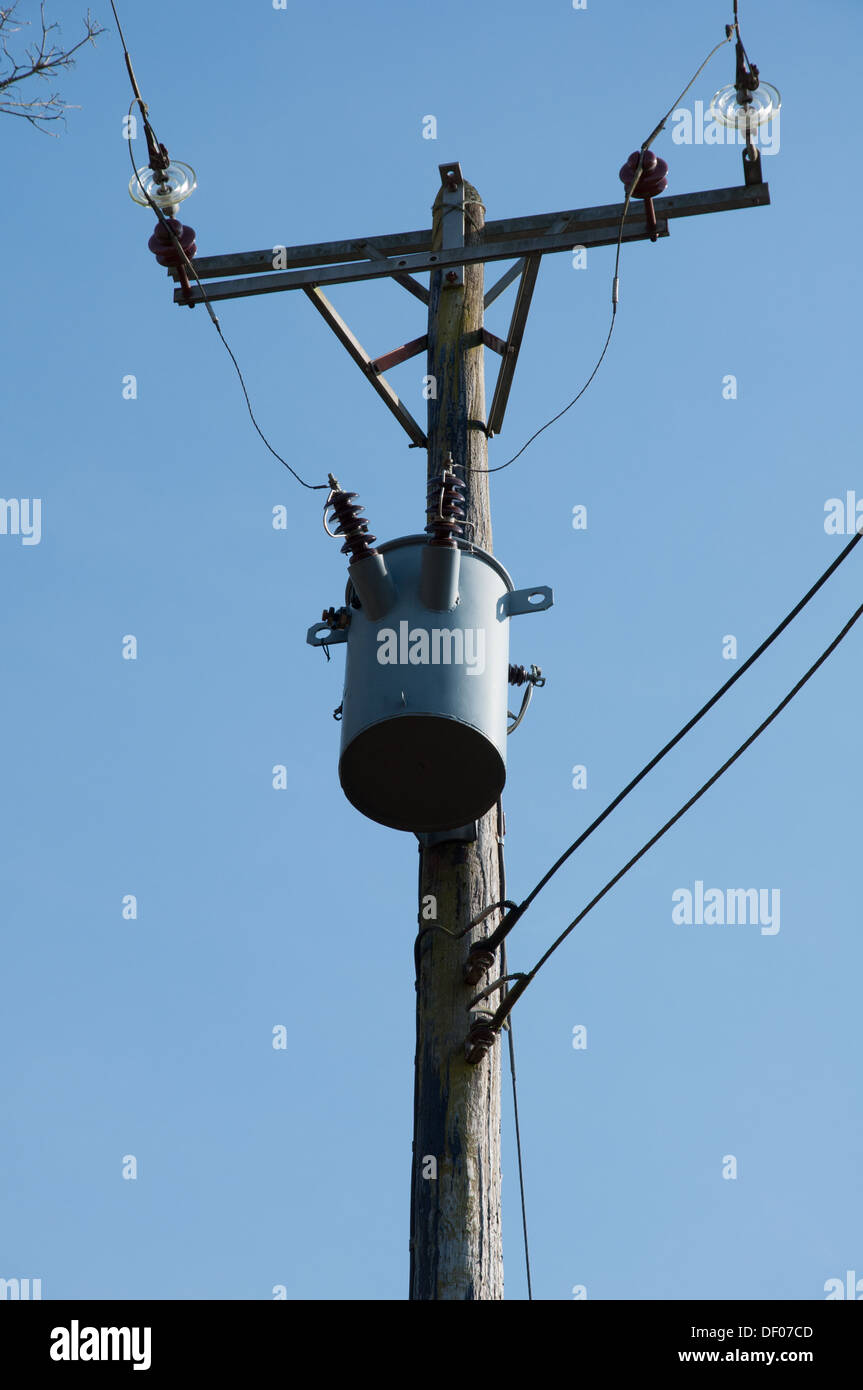 Pole mounted power transformer Stock Photo