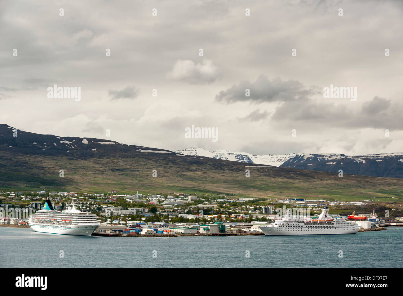 Cruise ships, port of Akureyri, Norðurland eystra region, or north-east region, Iceland, Europe Stock Photo