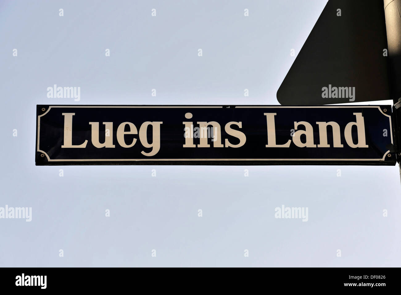 Lueg ins Land, road sign, Munich, Bavaria Stock Photo