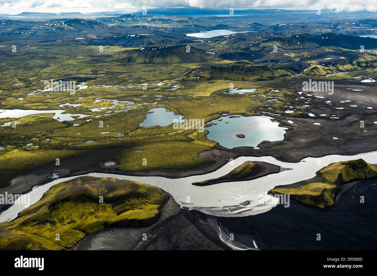 Aerial view, glacial river of Skaftá, moss-covered mountains, Langisjór region, Icelandic Highlands, Iceland, Europe Stock Photo