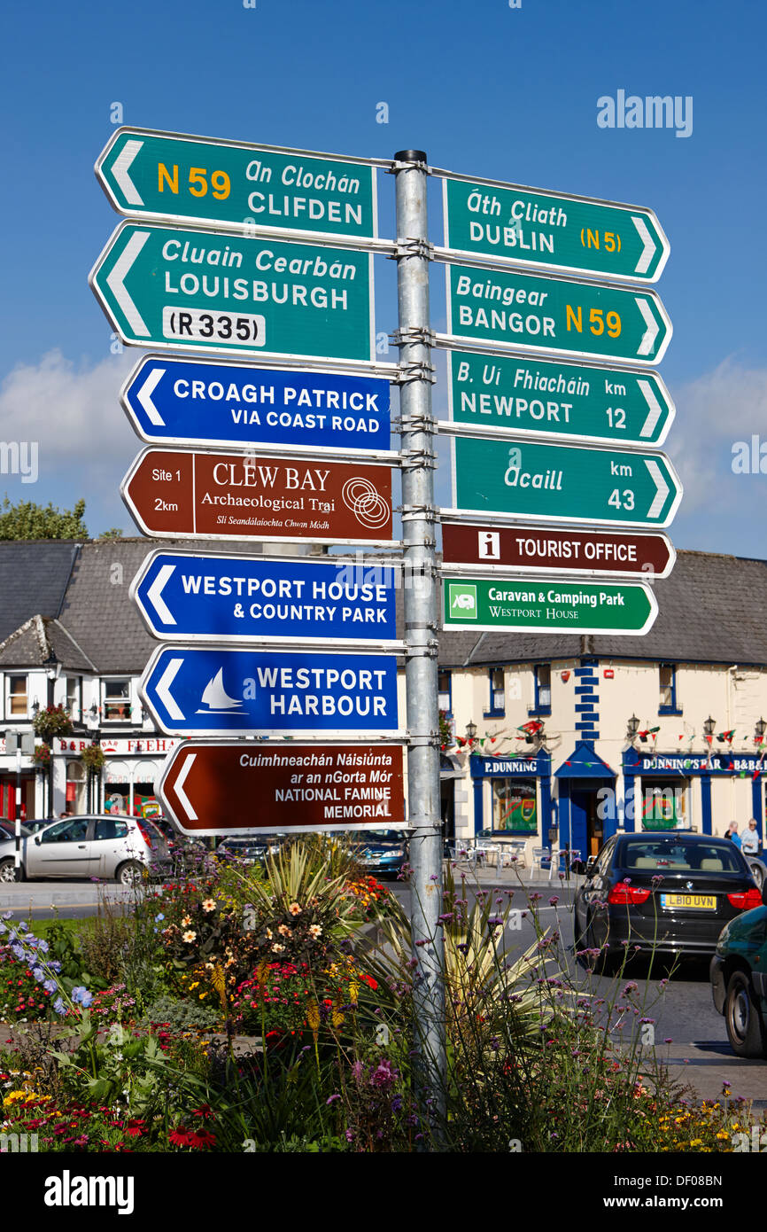 various road direction signs in westport county mayo republic of ireland Stock Photo