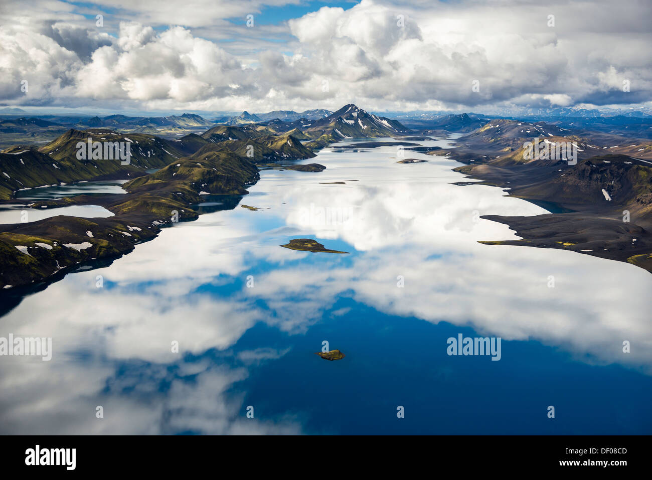 Aerial view, Lake Langisjór, moss-covered mountains, Icelandic Highlands, Iceland, Europe Stock Photo