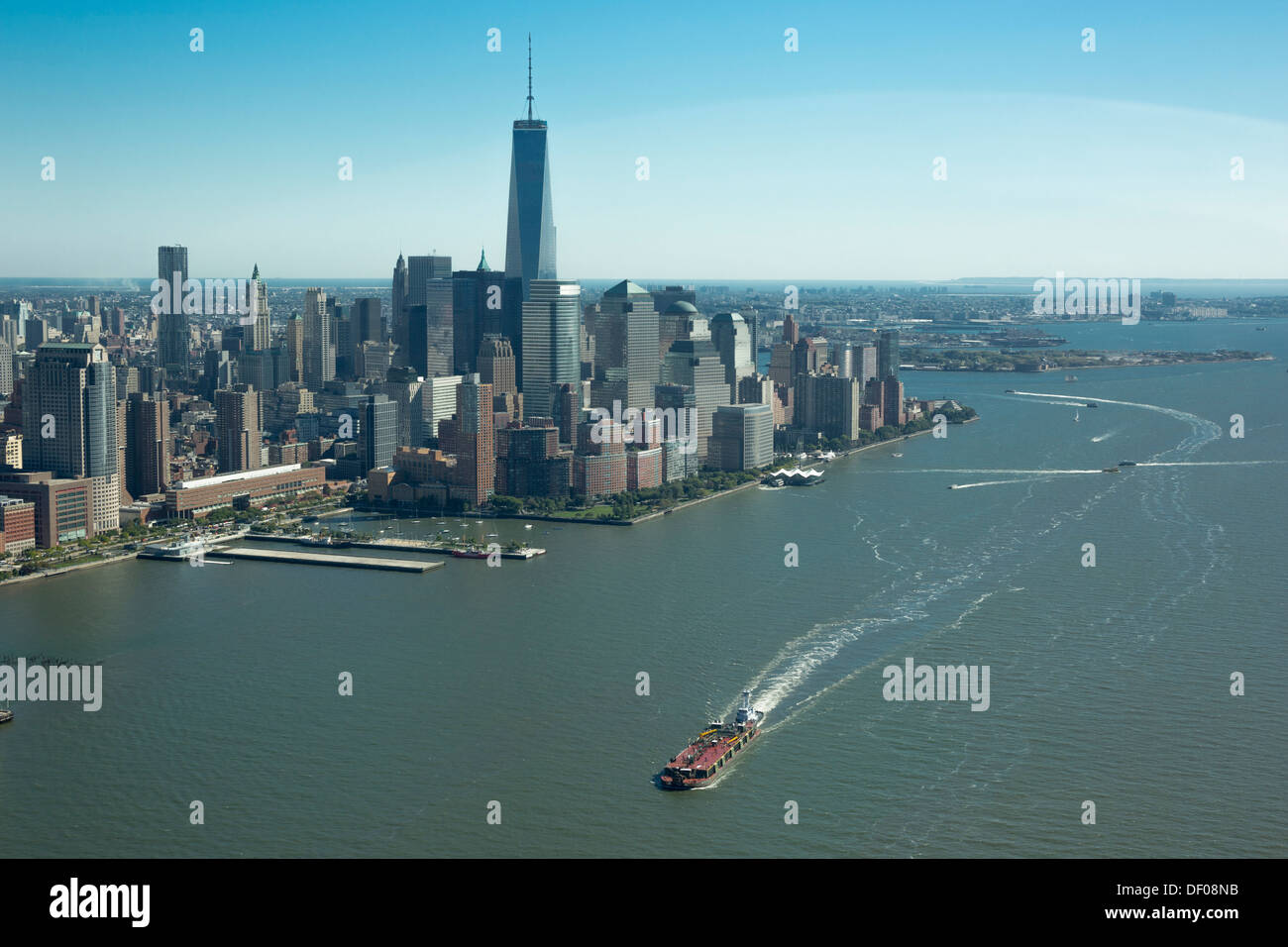 AERIAL DOWNTOWN SKYLINE HUDSON RIVER MANHATTAN NEW YORK CITY USA Stock ...
