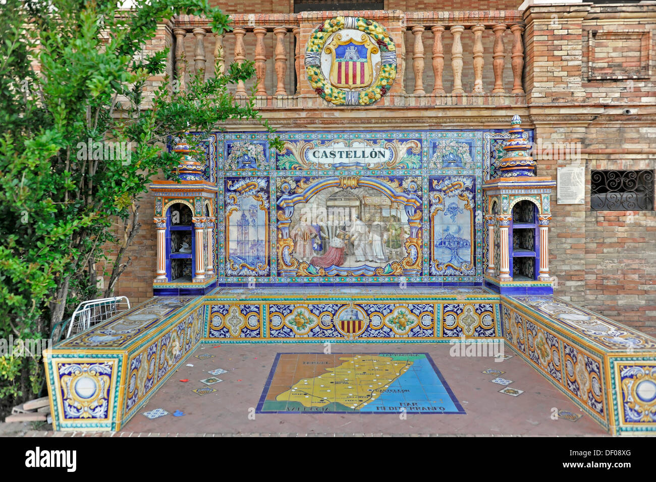 Castellon, colourful tiles with images from the Spanish regions, Plaza de España, Sevilla, Andalusia, Spain, Europe Stock Photo