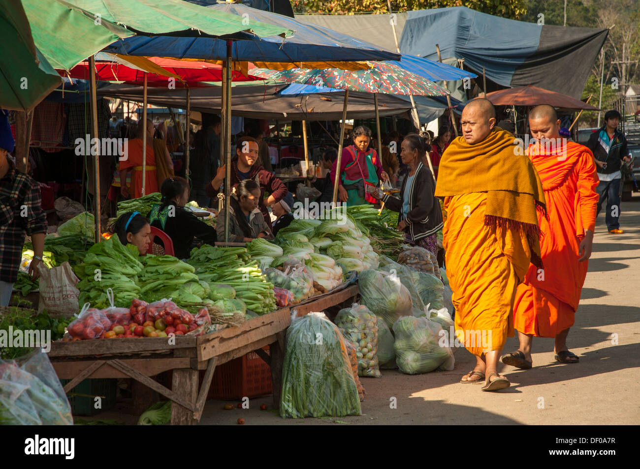 Buddhist monks while shopping, vegetable stand, morning market, Soppong oder Pang Mapha, Provinz Mae Hong Son, Thailand Stock Photo