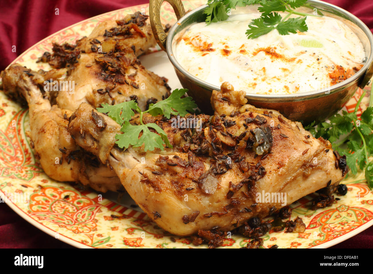 Homemade fried jeera (cumin) chicken served with cucumber raita and a