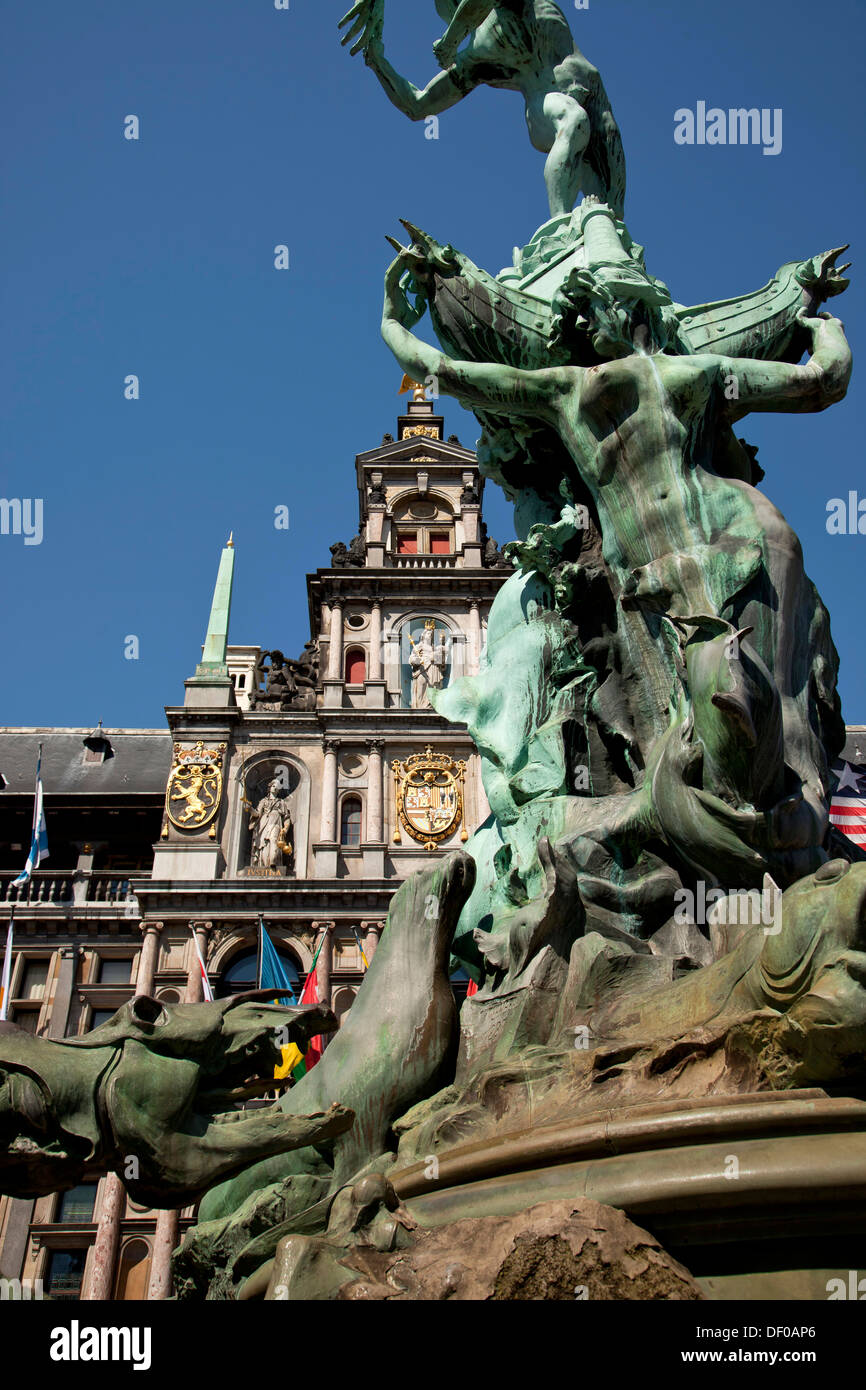 Statue of Brabo and the giant's hand fountain and Antwerp City Hall at the Grote Markt or Main Square in Antwerp, Belgium, Europ Stock Photo