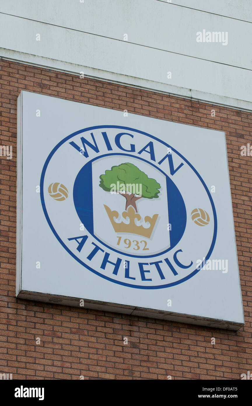 The Wigan Athletic Football Club emblam as seen on the side of the DW Stadium (Editorial use only). Stock Photo