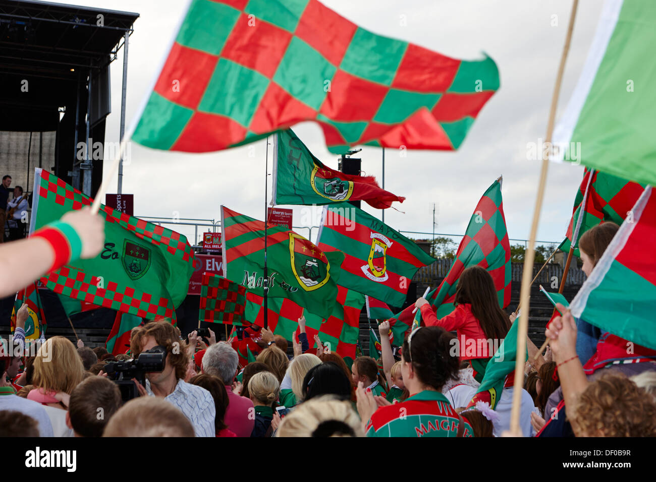 county mayo gaa fans with county flags at a game republic of ireland Stock Photo