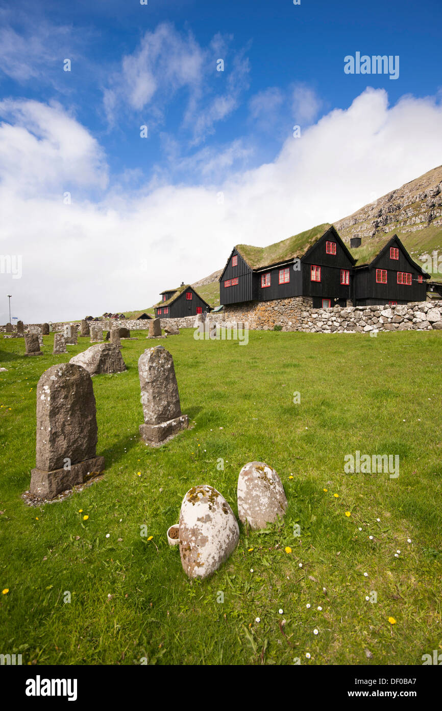 Cemetery, Bishop's Palace, Kirkjubour, Streymoy Island, Faroe Islands, Denmark, North Atlantic, Northern Europe, Europe Stock Photo