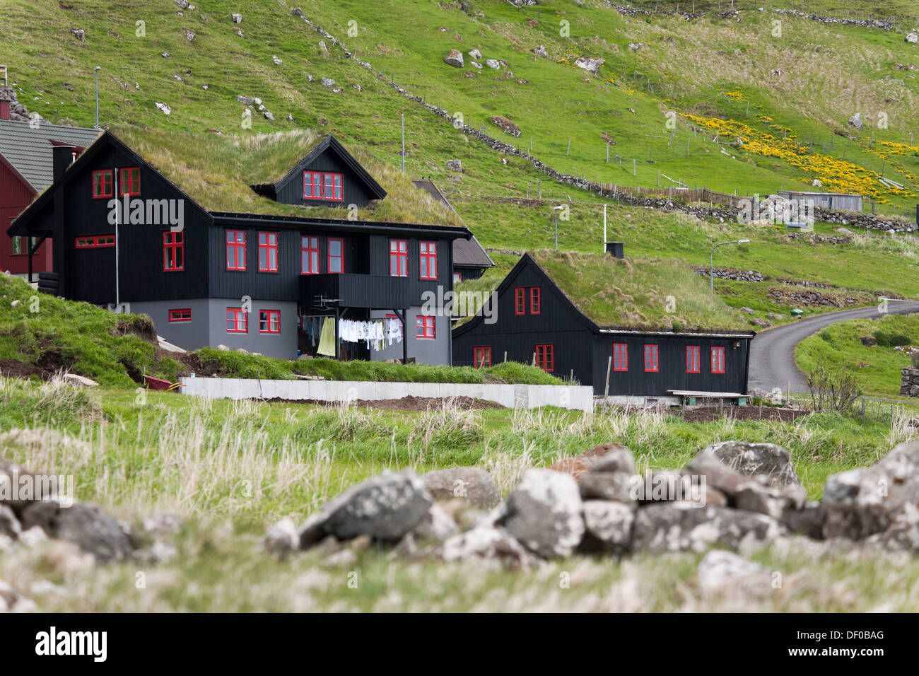 Wooden house with a grass roof, Kirkjubour, Streymoy Island, Faroe Islands, Denmark, North Atlantic, Northern Europe, Europe Stock Photo