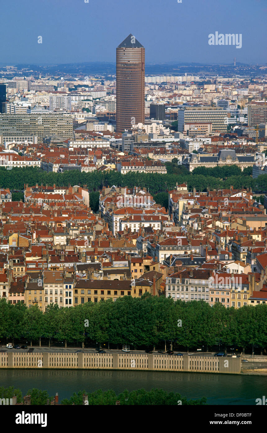 Lyon France Fourviere View Of Old Town & Croix Rousse with Tour Part-Dieu Stock Photo