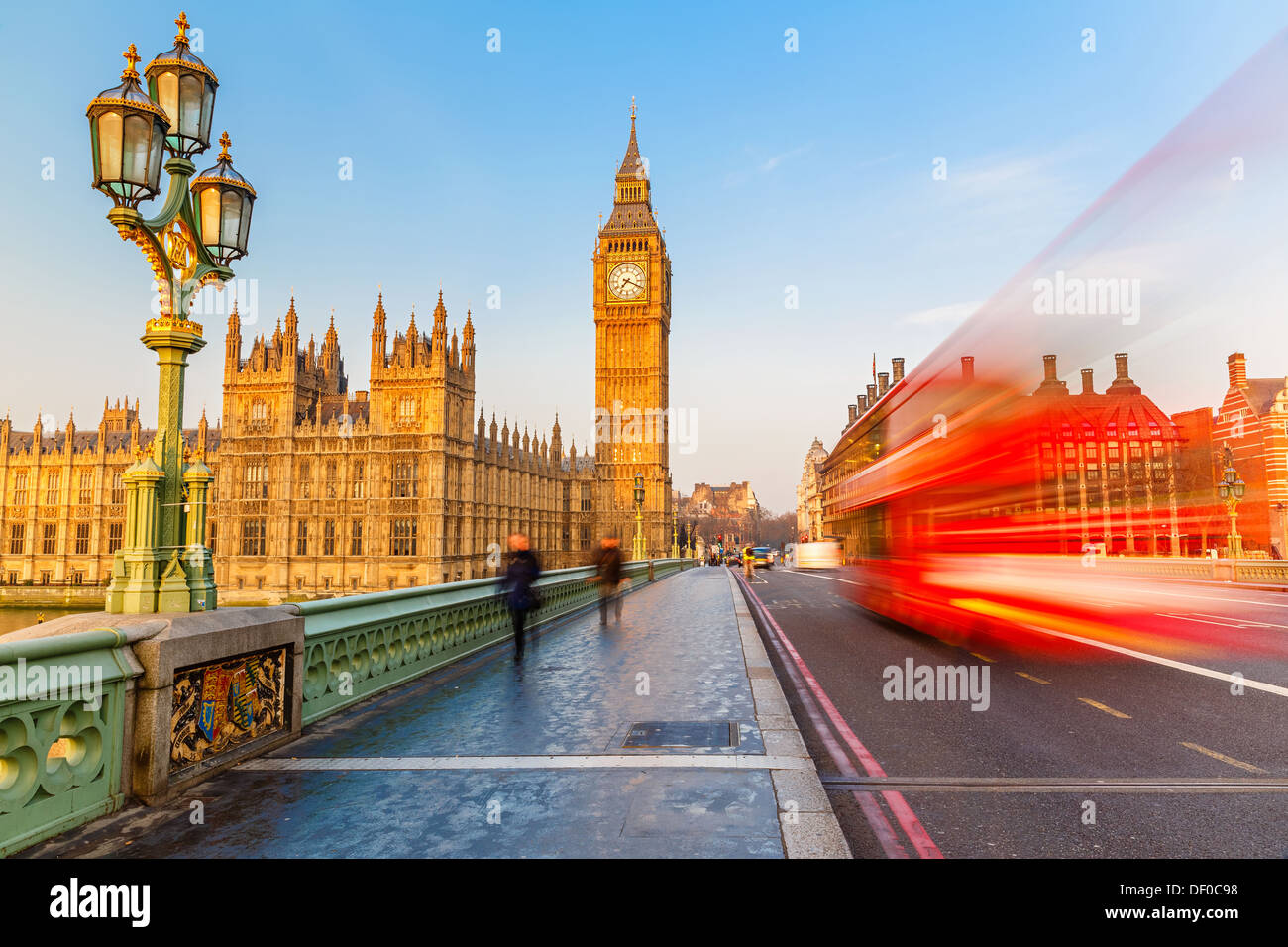 Big Ben and red double-decker bus, London Stock Photo