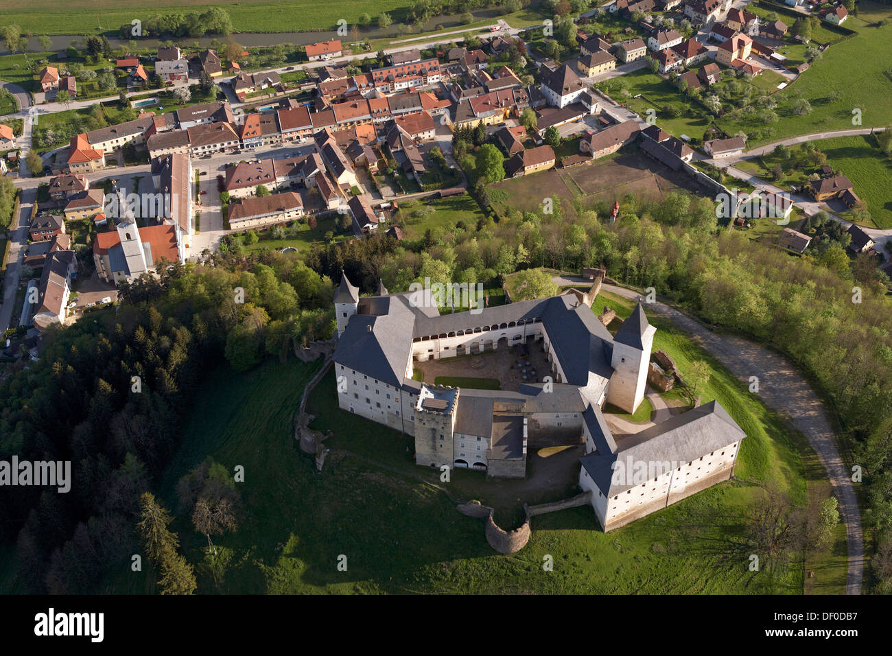 Schloss Strasburg Castle, aerial view, Gurktal Valley, Carinthia, Austria, Europe Stock Photo