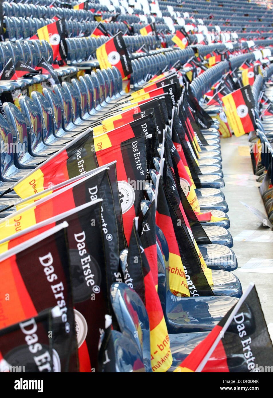 German flags on every seat in the football stadium Stock Photo