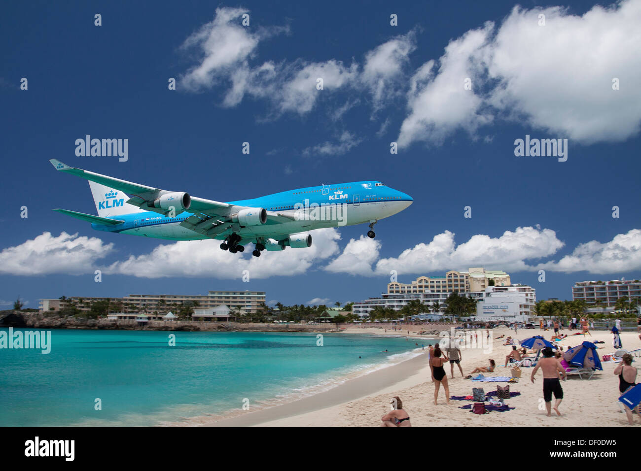 KLM Boeing 747 landing over the beach of Saint Maarten, the island of Saint Maarten, Netherlands and France, Caribbean Sea Stock Photo