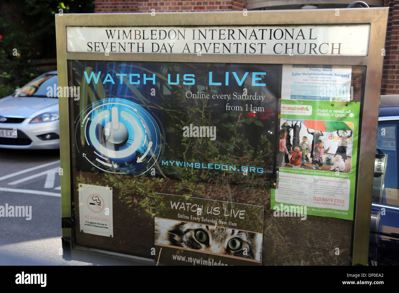 Wimbledon London England Wimbledon International Seventh Day Adventist Church Noticeboard Stock Photo