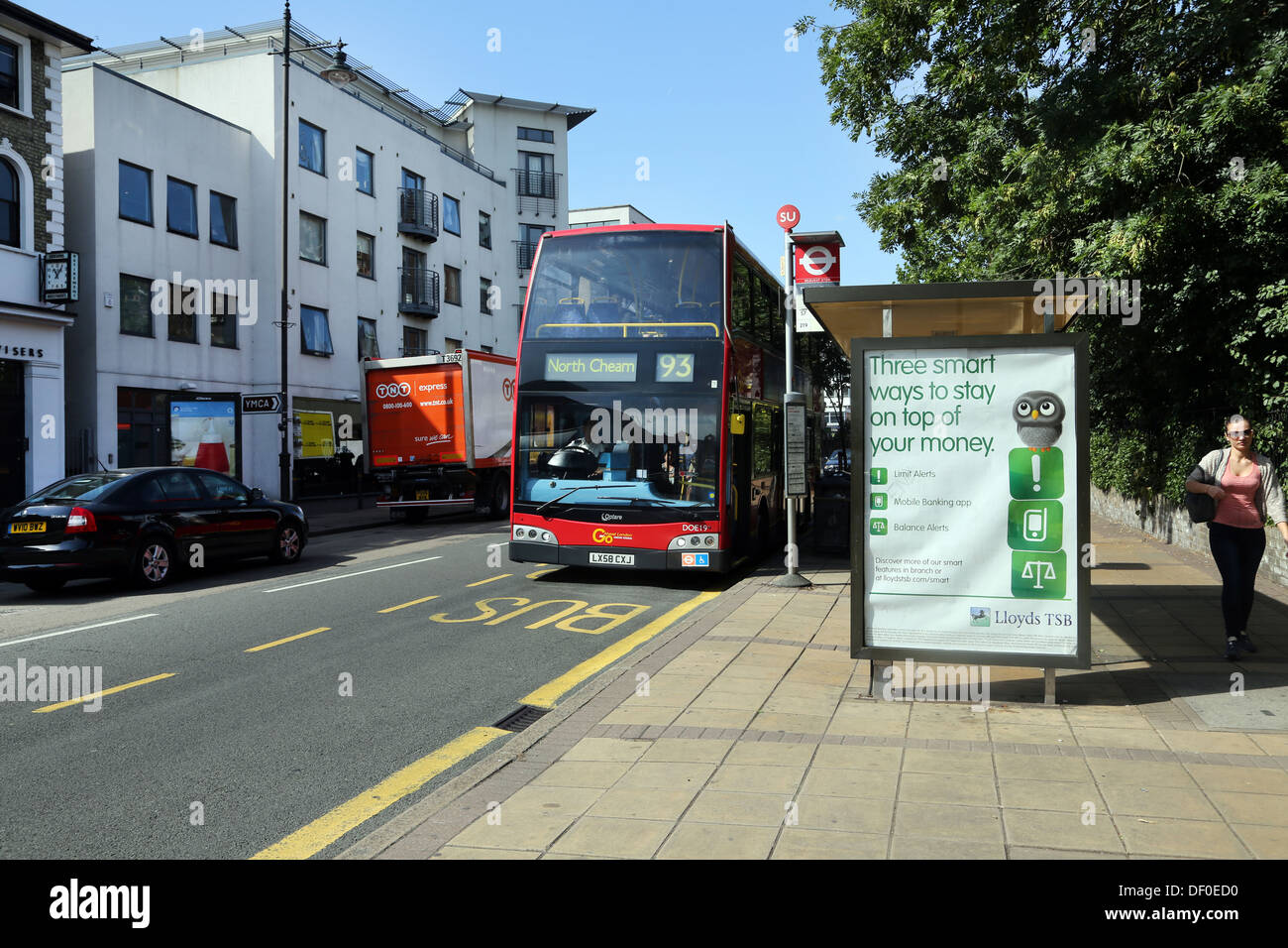 Wimbledon London England The Broadway Double Decker Bus At Bus Stop Stock Photo Alamy