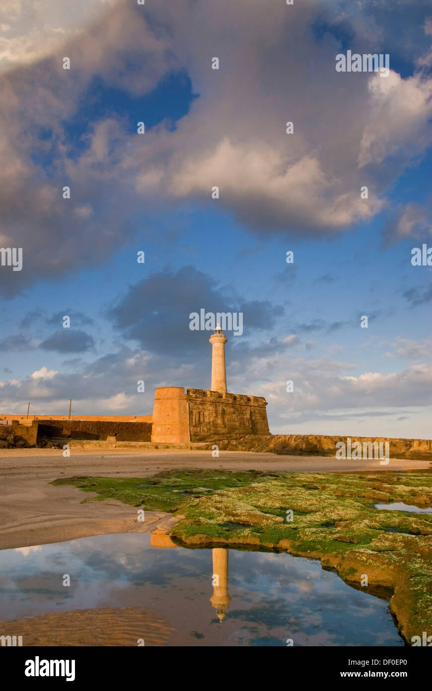 Clouds and blue sky above the lighthouse of Rabat, Phare de Rabat, and ...