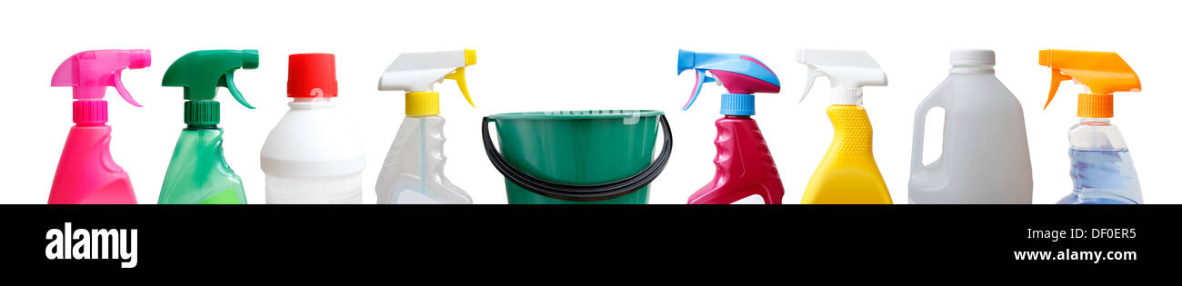 Cleaning sprayers, bottles and bucket Stock Photo