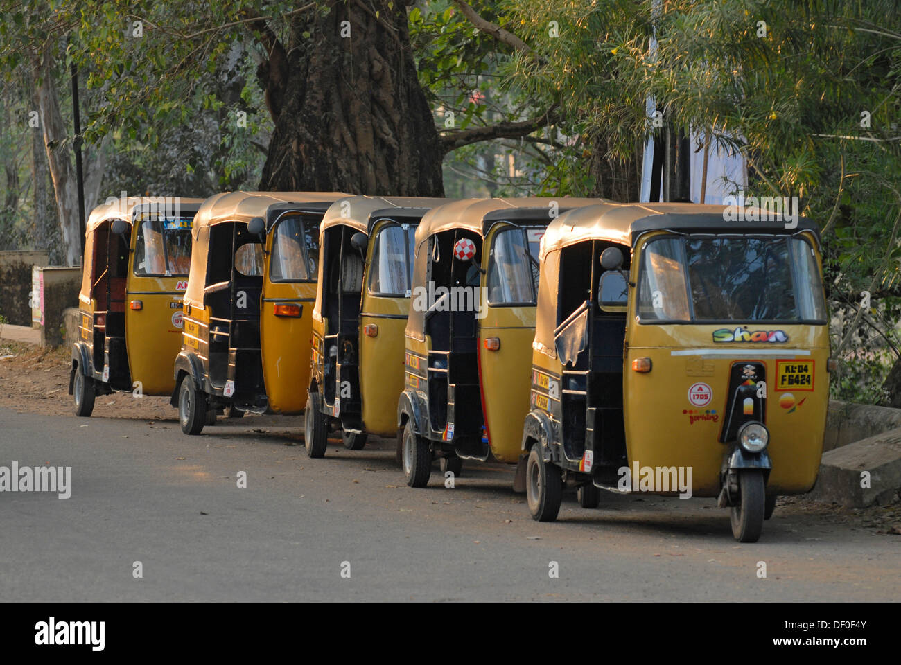 Row of auto rickshaws, tuk-tuks, Alleppey, Kerala, India, Asia Stock Photo