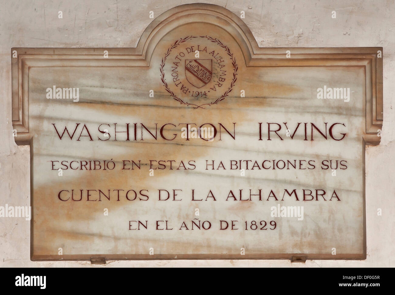 Marble plaque dedicated to Washington Irving, The Alhambra, Granada, Region of Andalusia, Spain, Europe Stock Photo