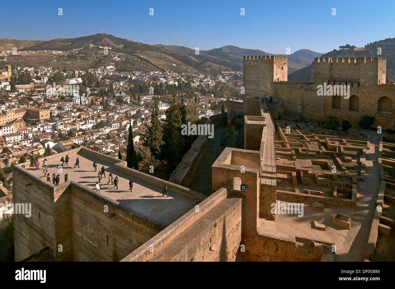 Alhambra, Panoramic view from Alcazaba with Albaicin quarter and Sacromonte, Granada, Region of Andalusia, Spain, Europe Stock Photo
