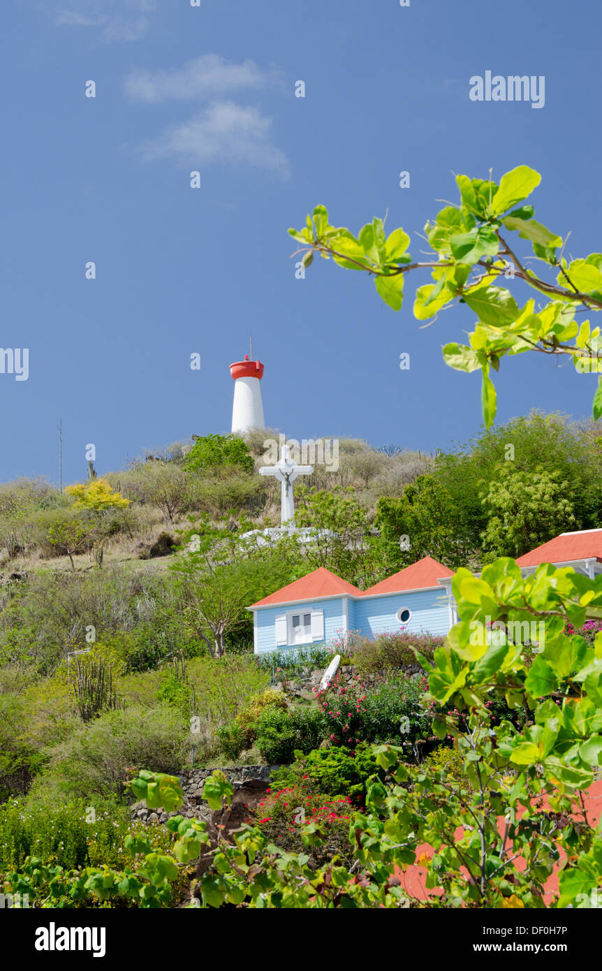 French West Indies, Caribbean island of Saint Barthelemy (St. Bart's), capital city of Gustavia. Island lighthouse Stock Photo