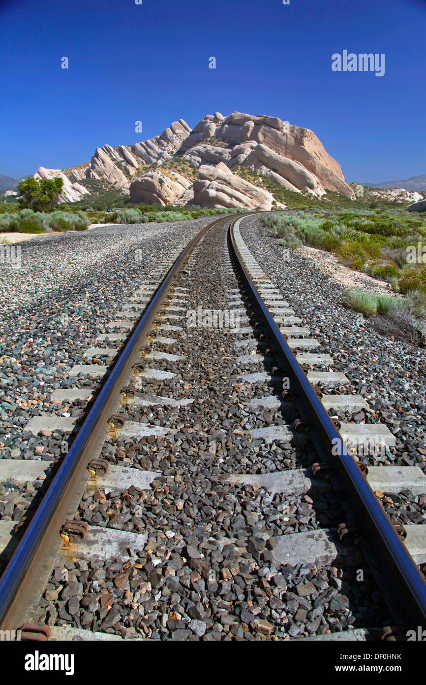 The Railroad Tracks and Mormon Rocks at Cajon Pass California USA Stock