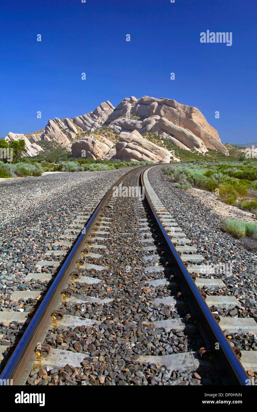 The Railroad Tracks and Mormon Rocks at Cajon Pass California USA Stock