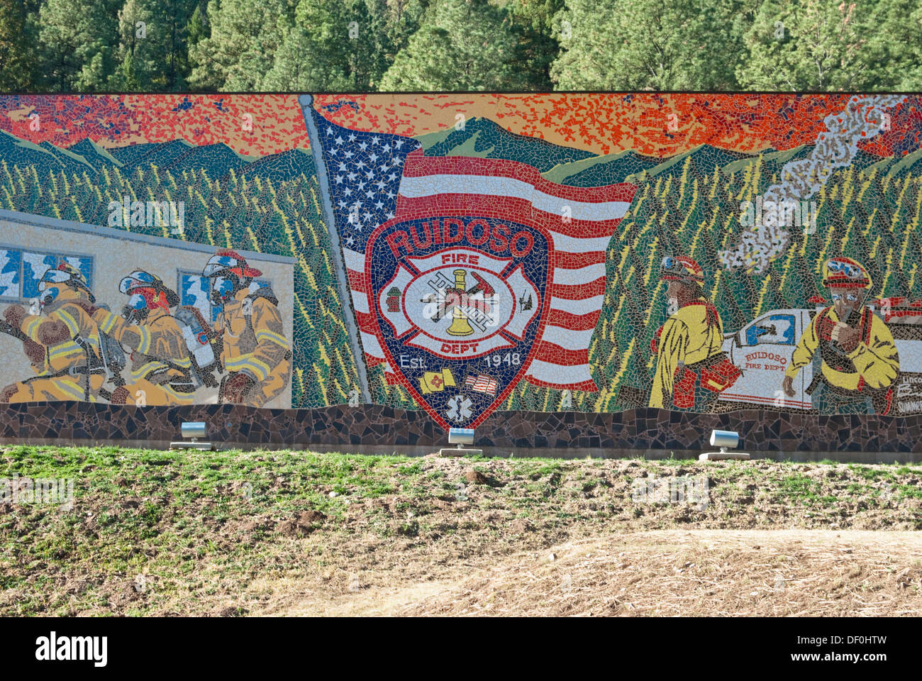 A mural at the fire station in Ruidoso is actually intricate tile work. Stock Photo