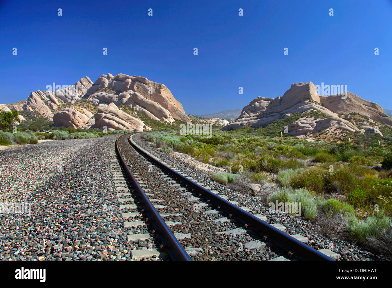 The Railroad Tracks and Mormon Rocks at Cajon Pass California USA Stock
