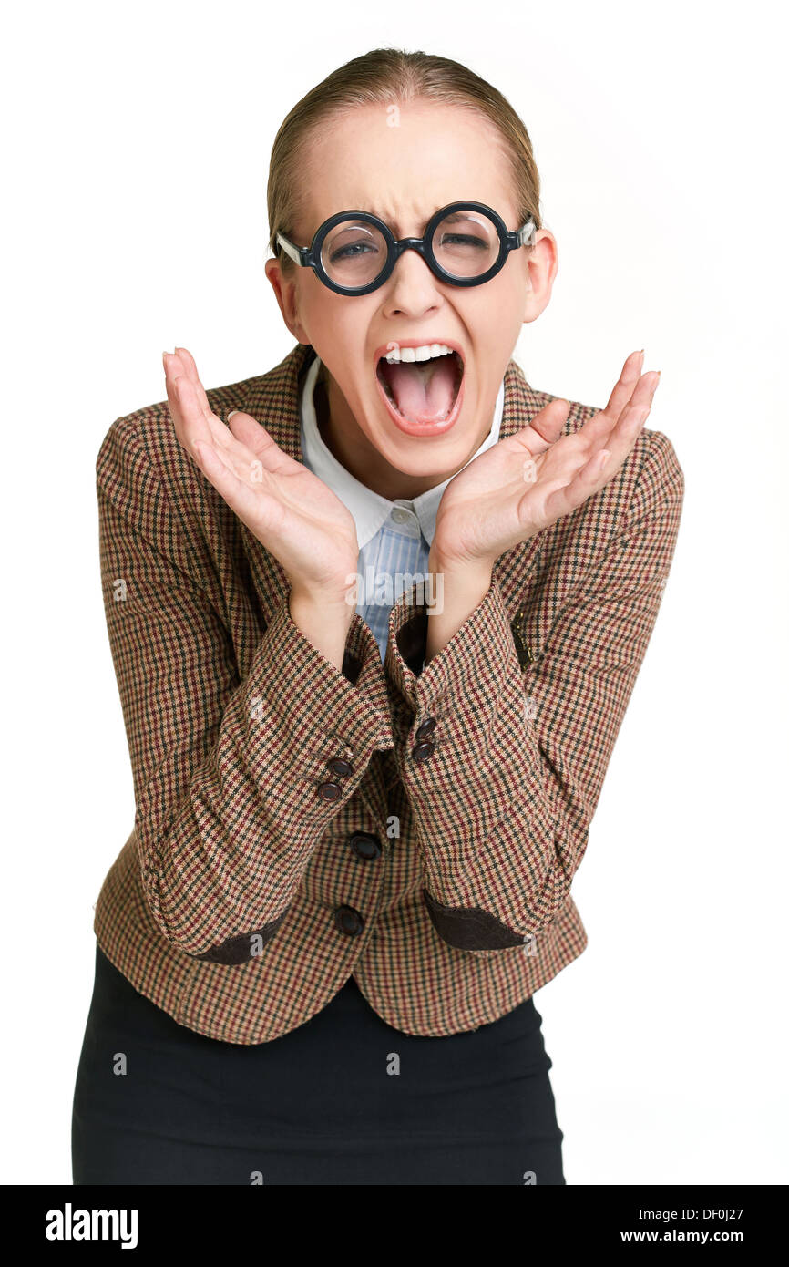 Portrait of female student in eyeglasses shouting Stock Photo