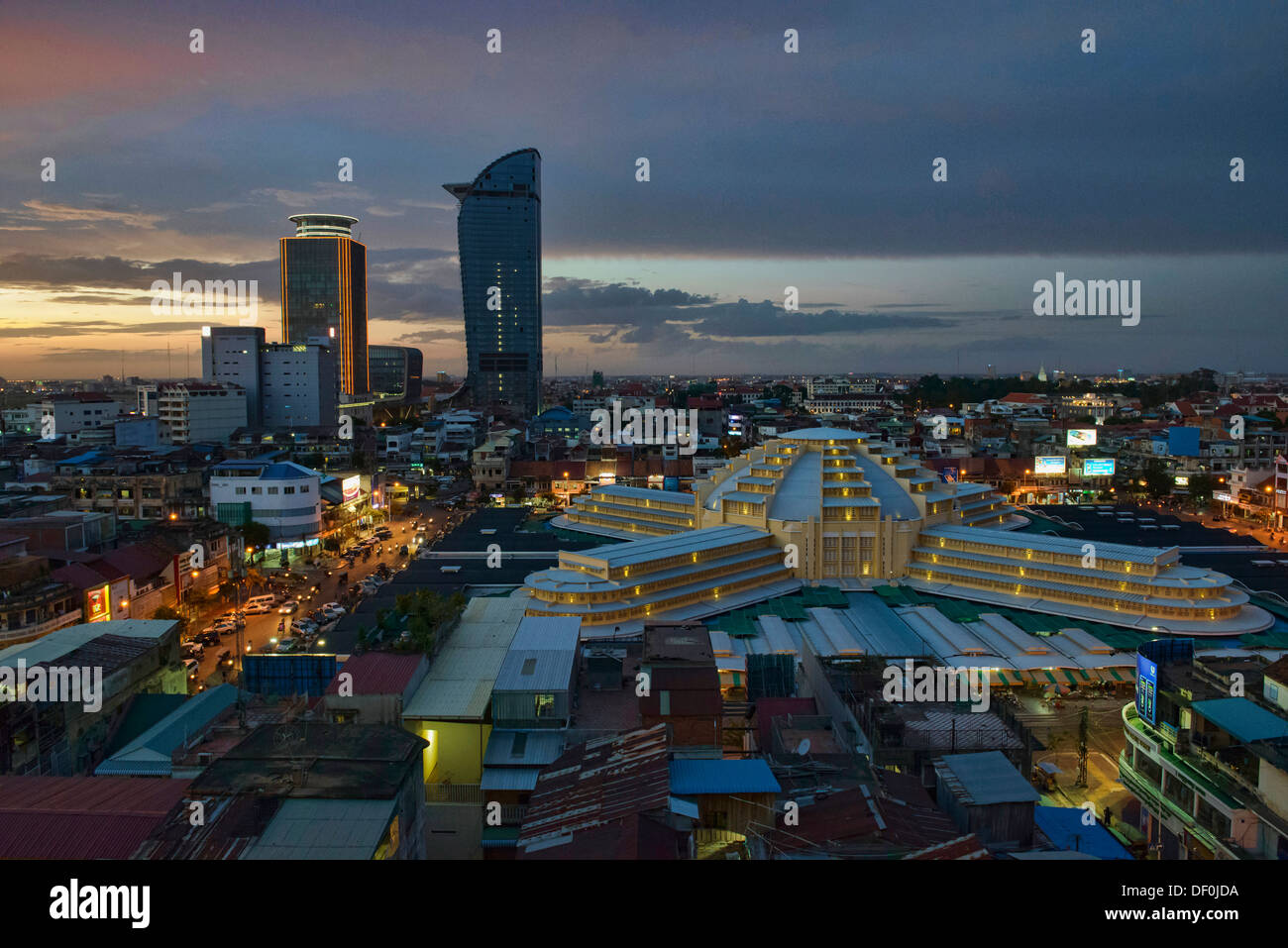aerial view of the Art Deco Psar Thmei Central Market, Phnom Penh Tower, and city skyline, Phnom Penh, Cambodia Stock Photo