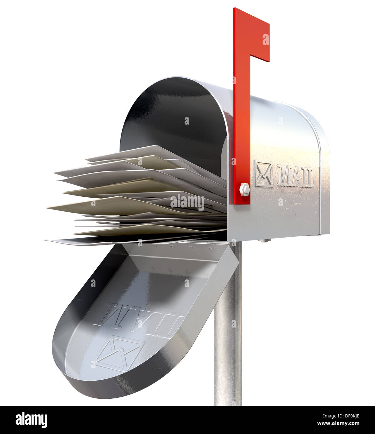 An perspective view of an open old school retro tin mailbox bulging with a pile of letters on an isolated background Stock Photo