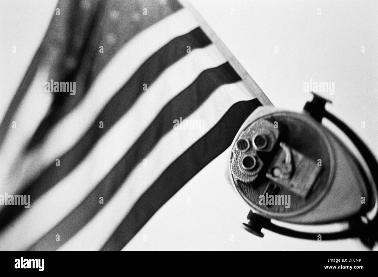 USA, American Flag, Telescope, close-up. Stock Photo