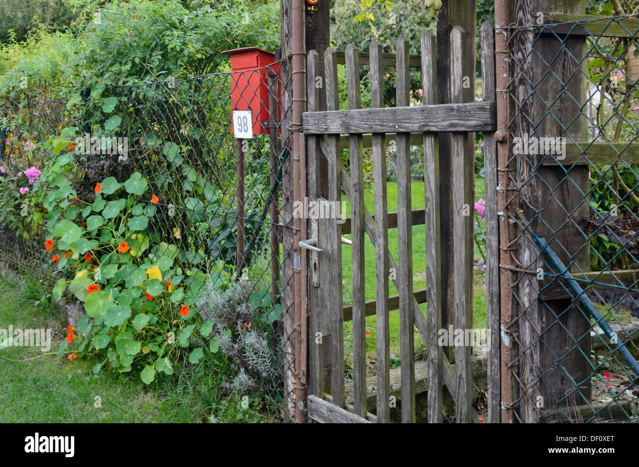 Wooden garden gate of an allotment garden Stock Photo