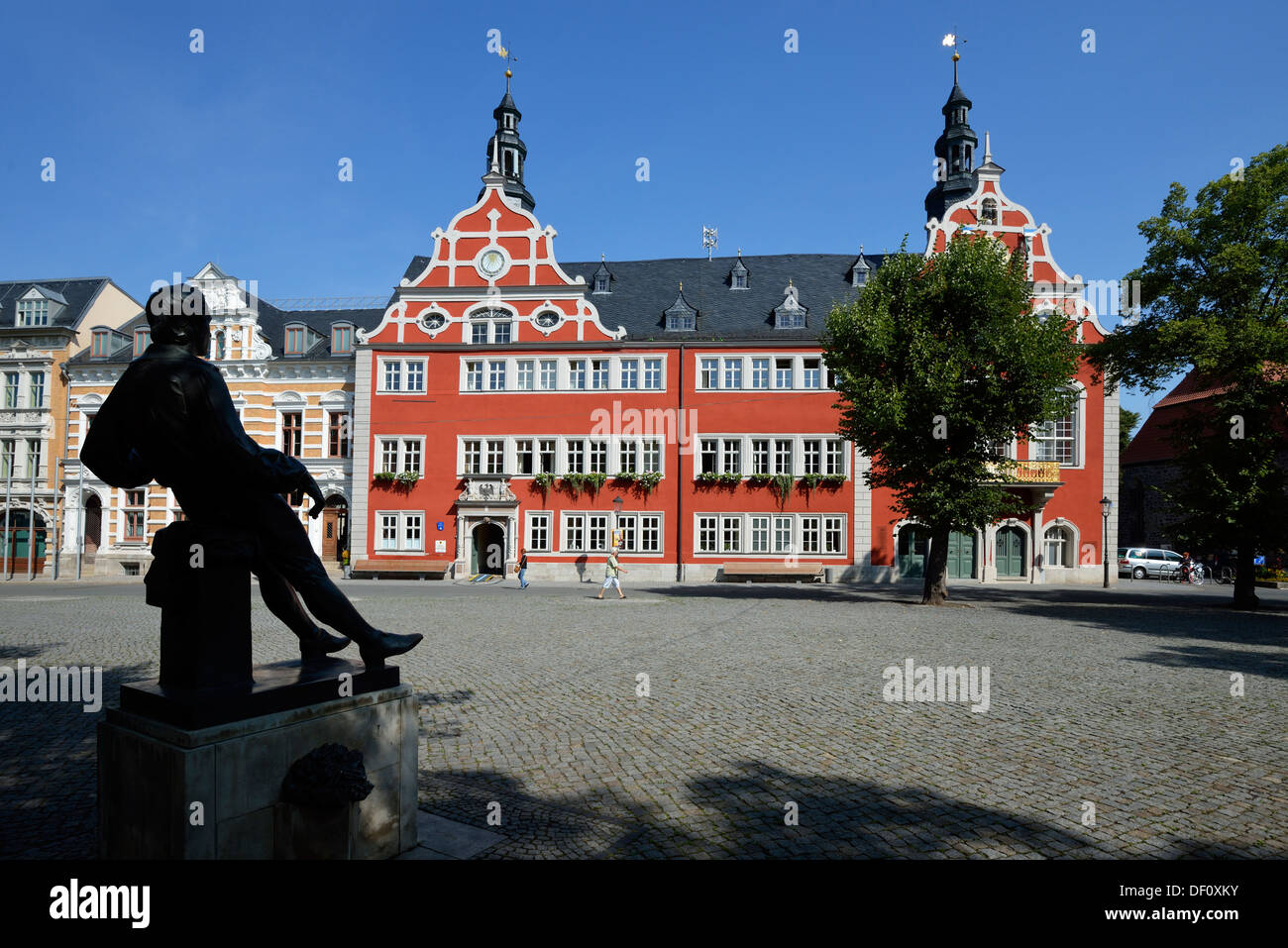 Bach monument and city hall on the marketplace, Thuringia, Arnstadt, Bachdenkmal und Rathaus auf dem Marktplatz, Thueringen Stock Photo
