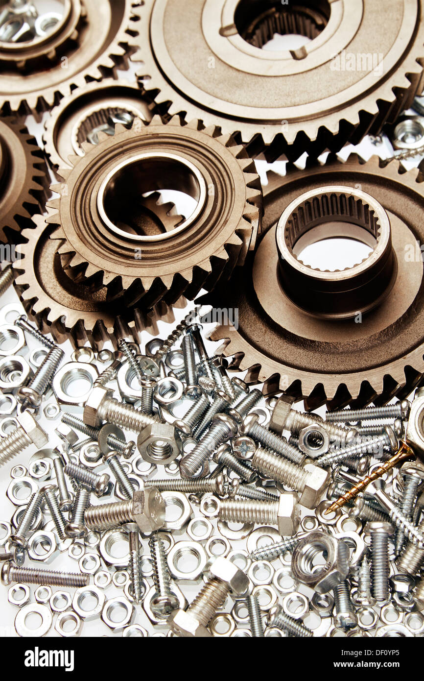 Metal gears, nuts and bolts Stock Photo
