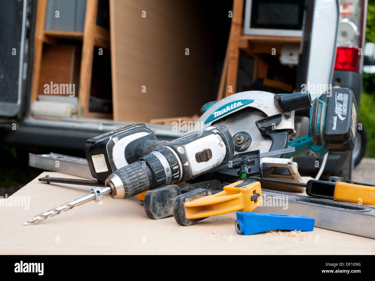 Power tools on a workbench Stock Photo