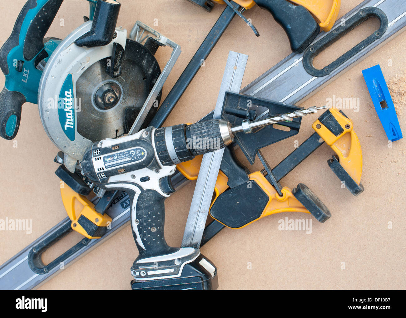 Power tools on a workbench Stock Photo