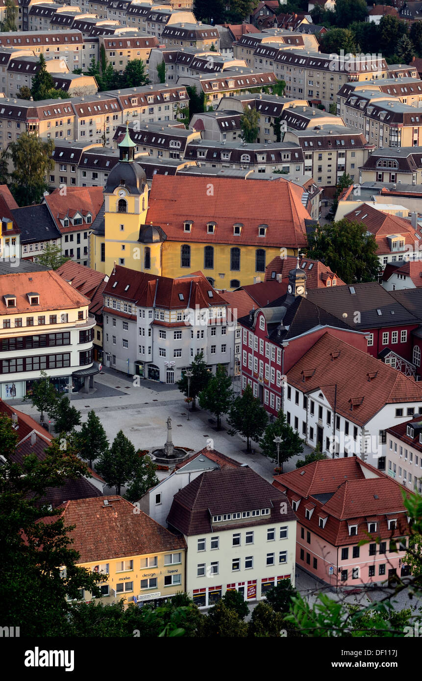 City centre of the vantage point Ottilienkapelle, Thuringia, Suhl, Stadtzentrum vom Aussichtspunkt Ottilienkapelle, Suhl Stock Photo