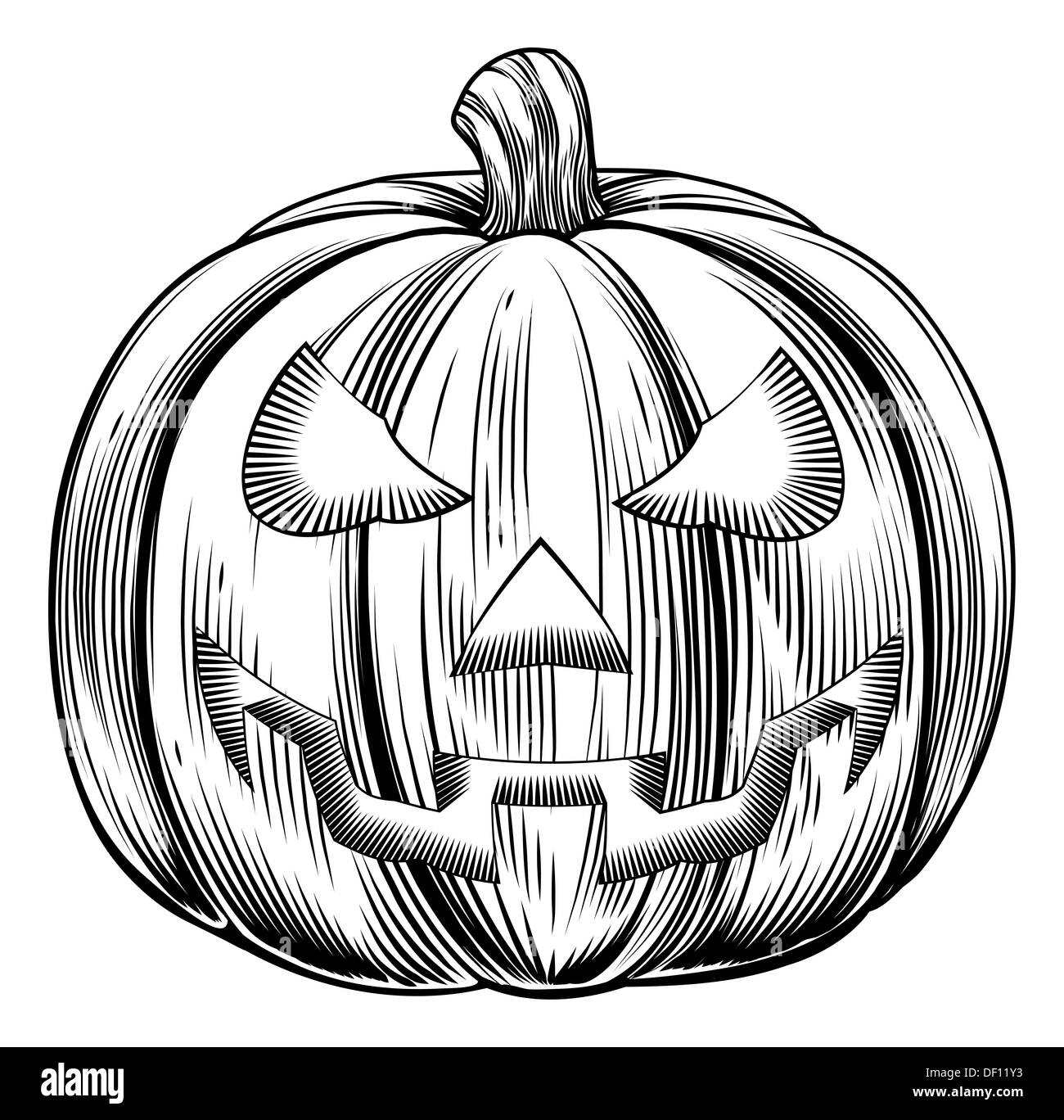 An illustration of a Halloween pumpkin in a retro vintage woodblock or woodcut etching style Stock Photo