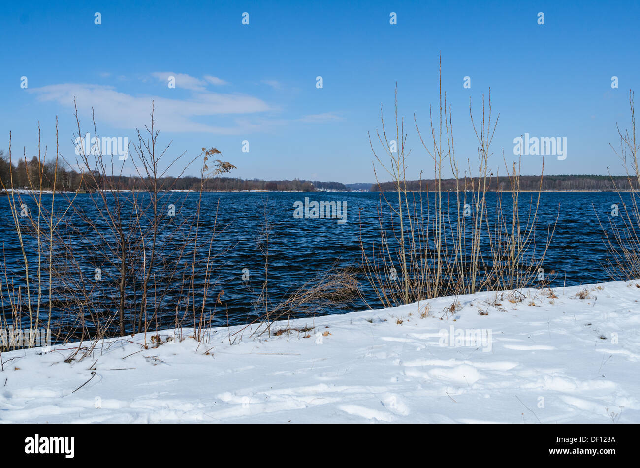 Snowy shore of Glienicke lake on Havel river in Germany Stock Photo