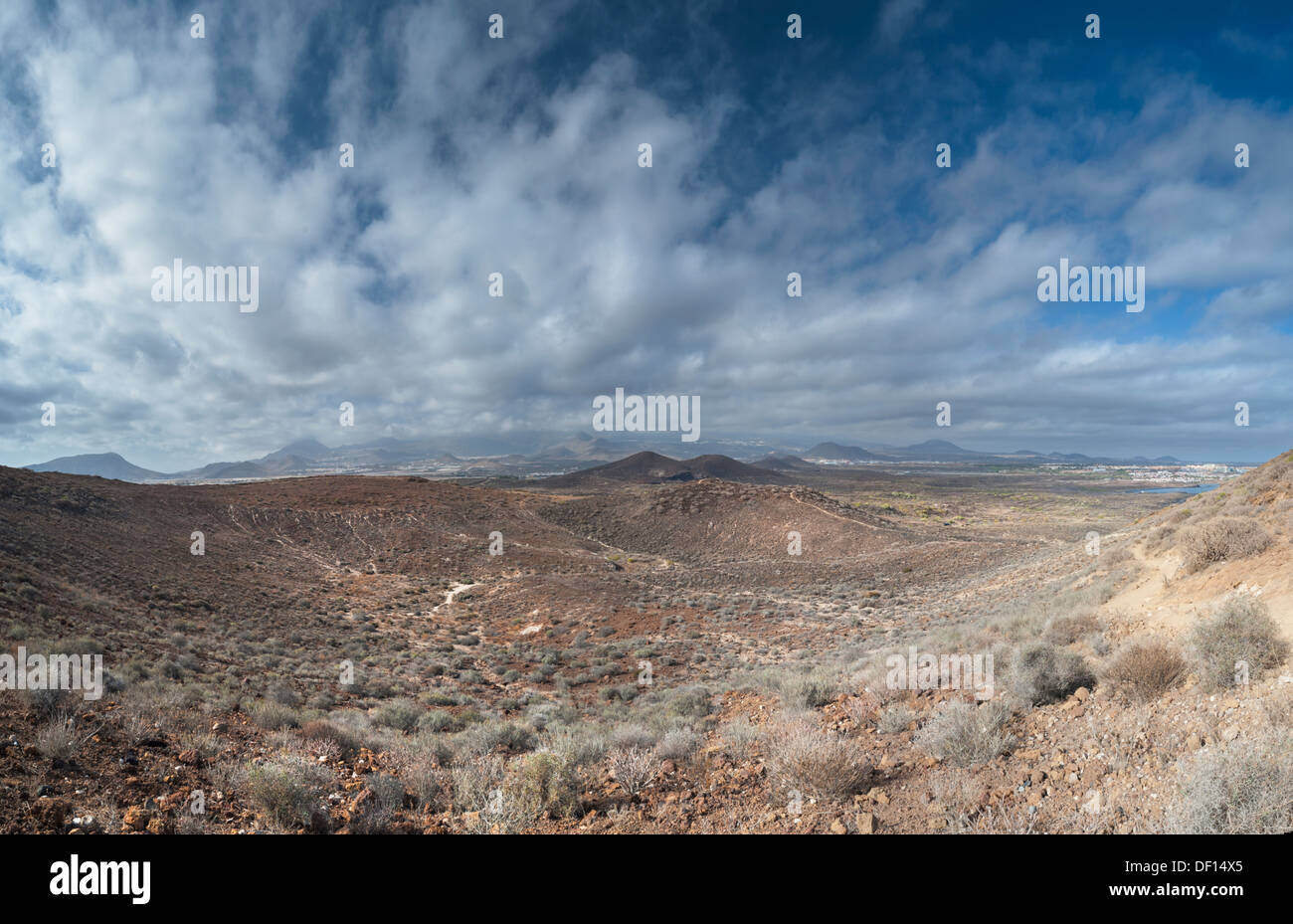 Panoramic view northwards towards the Cumbre Dorsal, from Montana Amarilla, Costa del Silencio, Tenerife, Canary Islands Stock Photo