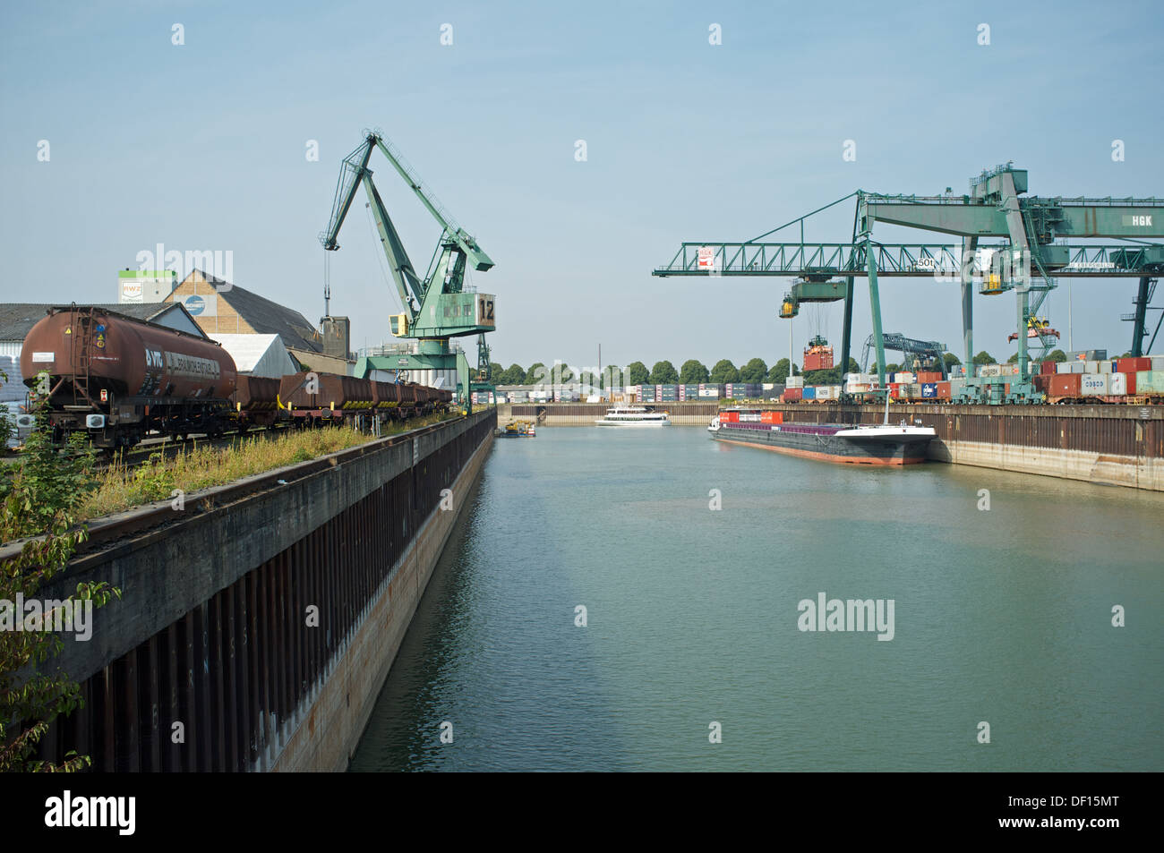 Container terminal on the river Rhine Stock Photo