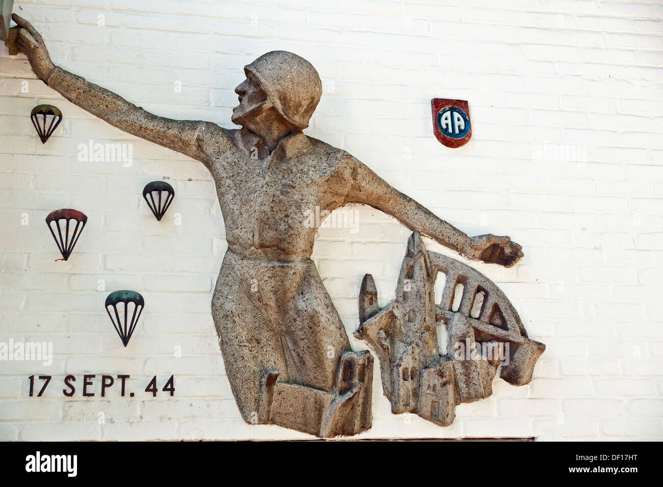 Sculpture on the wall of the Hotel Sion Hof, Nijmegen, marks its use as a Headquarters of the US 82nd Airborne Division in 1944. Stock Photo