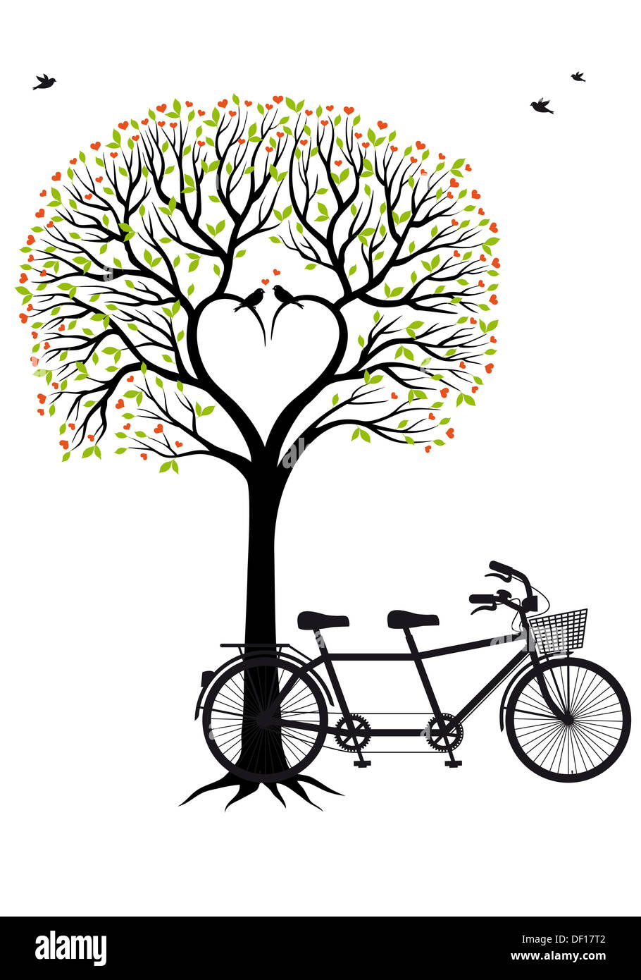 heart tree with birds and tandem bicycle, vector illustration for