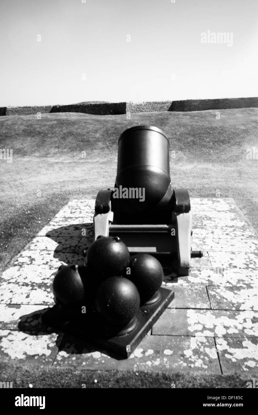 Old mortar and ammunition black and white Stock Photo